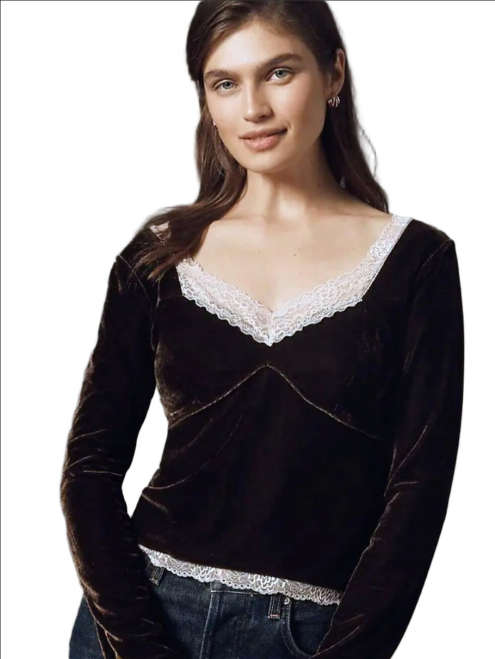 ANTHROPOLOGY CHOCOLATE BROWN VELVET V-NECK LONG SLEEVE SHIRT WITH PINK LACE TRIM